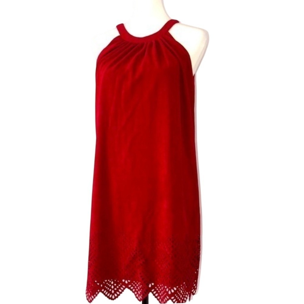 Alya Faux Suede Laser Cut Hem‎ Halter Red Dress Womens Size M